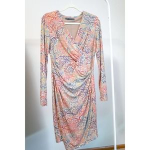 Peruvian Connection Dress Women Long Sleeve Faux Wrap Printed Stretch SZ M